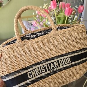 Dior Tan and Black Raffia Tote